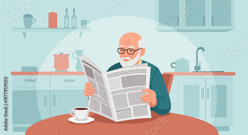 Elderly Man Reading Newspaper in Kitchen with Coffee, Senior Male Enjoying Morning Routine, Flat Vector Illustration