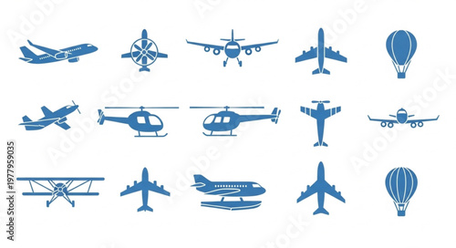 Collection of various aircraft and hot air balloons in blue.