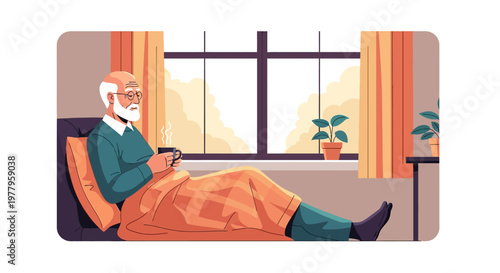 Cozy Illustration of an Elderly Man Relaxing with a Hot Drink and a Blanket by the Window