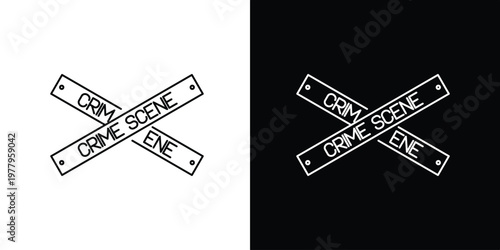 Crime scene tape icon isolated on white and black backgrounds with text reading crime scene
