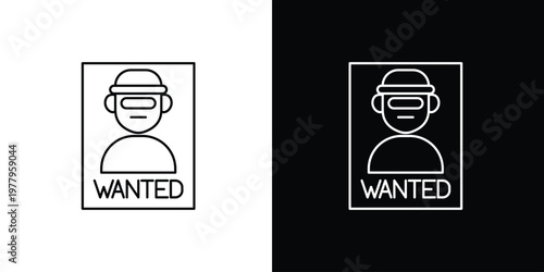 Single icon of  wanted poster illustration in outline style, featuring a person's head and shoulders with a blindfold and the word 'WANTED' below