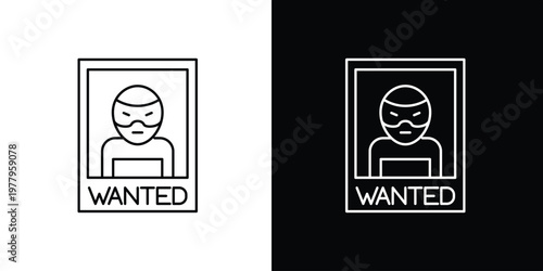 Clean line art icon of a 'wanted' poster with a masked suspect, symbolizing law enforcement, criminal search, and security operations