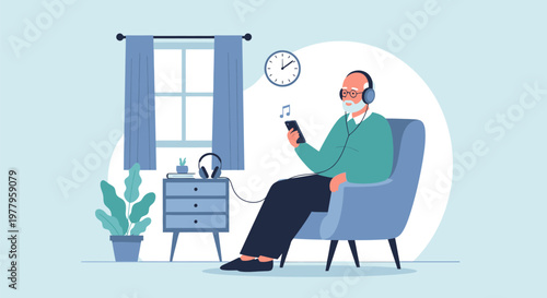 Elderly Man Sitting in Armchair Listening to Music or Podcast on Smartphone with Headphones, Modern Senior Lifestyle Flat Vector Illustration