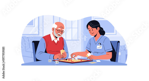 Vector illustration of a female nurse playing a board game with an elderly man. Caregiver providing companionship and cognitive support for a senior citizen in a nursing home.