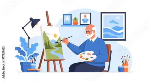 Senior Man Painting Landscape on Canvas in Art Studio, Flat Vector Illustration of Creative Elderly Artist Enjoying Retirement Hobby, Active Aging and Mental Wellness Concept