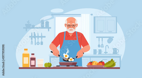 Senior Man Cooking Healthy Breakfast in Kitchen Flat Vector Illustration - Happy Elderly Grandfather Frying Eggs at Home
