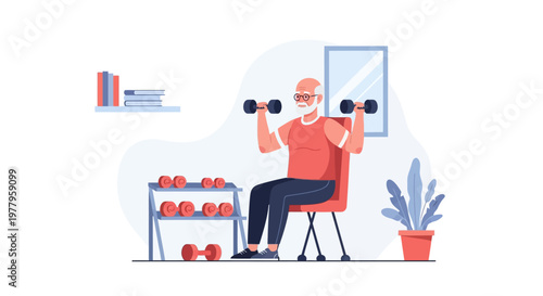 Active Senior Man Exercising with Dumbbells in Home Gym Illustration for Healthy Aging and Longevity