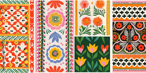 Colorful floral textile pattern arranged in a grid of repeating panels