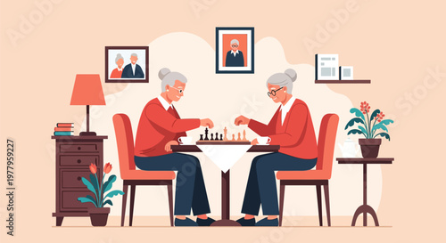 Two Elderly Women Playing Chess Together in a Cozy Room - Flat Vector Illustration of Active Aging and Friendship