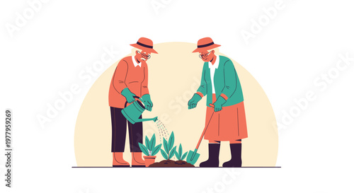 Senior Couple Gardening Together: Active Retirement and Healthy Lifestyle Flat Vector Illustration