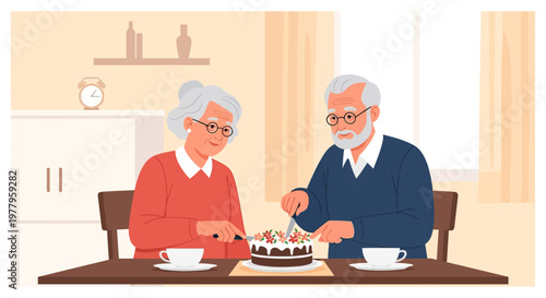 Happy Elderly Couple Celebrating with Cake - Senior Man and Woman Anniversary or Birthday Illustration