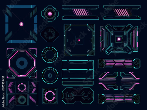 Futuristic user interface elements with glowing neon and dark background