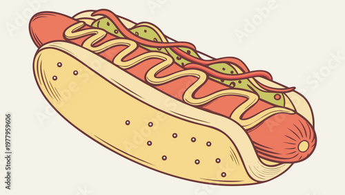 Hot dog vector with sausage, mustard and ketchup in sesame bun, isolated fast food illustration.