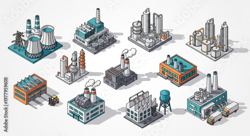 Collection of isometric industrial factory buildings and structures.