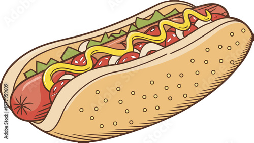 Delicious hot dog with mustard and ketchup isolated vector, classic American fast food with sesame bun on transparent background.