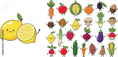 Cute fruit and vegetable character collection with lemon, carrot, apple and more, kawaii food mascots in playful vector illustration set