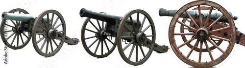 Vintage Military Cannon Artillery Icon Set with Wooden Wheels and Historic War Equipment Illustrations for History, Defense, and Battlefield Themes