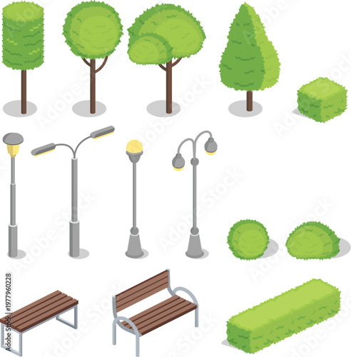 Flat city construction kit with benches trees and street lamps vector