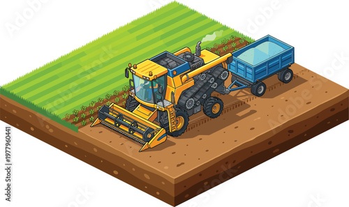 Combine harvester working in field, agricultural machine harvesting crops and loading trailer on farmland, farming concept, rural industry illustration