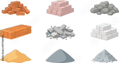 Construction materials illustration set, bricks wood concrete sand gravel and rubble for building industry engineering and architecture projects, industrial supply concept