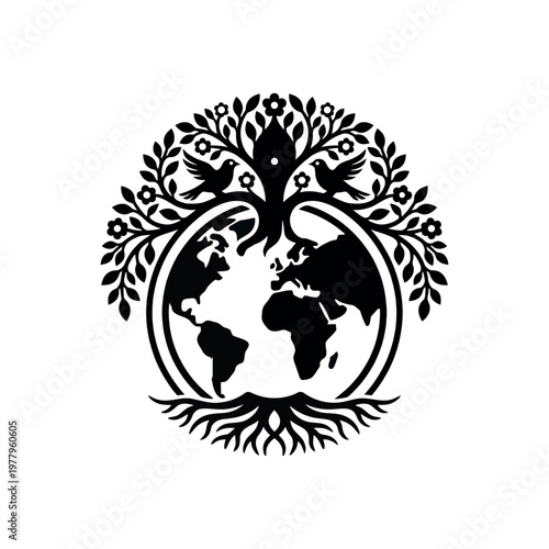Stylized tree of life merged with globe silhouette and birds vector illustration for earth day concept design featuring intricate roots and floral branches