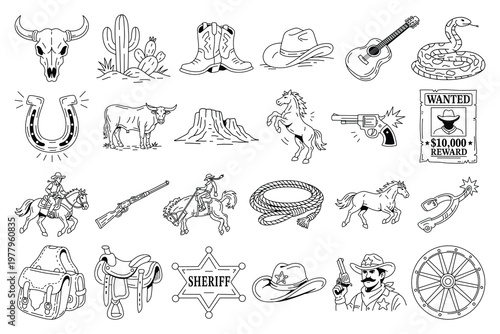 Hand-drawn western icon set in line art style, cowboy elements vector