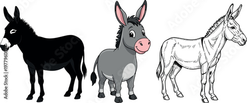 Donkey illustration set with cartoon realistic and silhouette styles, farm animal collection in detailed vector design isolated