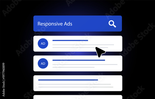Responsive ads interface shows search results with sponsored listings and click interaction. Responsive ads interface displays ad preview digital campaign placement on search page vector illustration