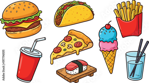Fast food illustration set with burger pizza taco fries sushi ice cream and drinks, collection of popular meals for menu design restaurant and street food concept