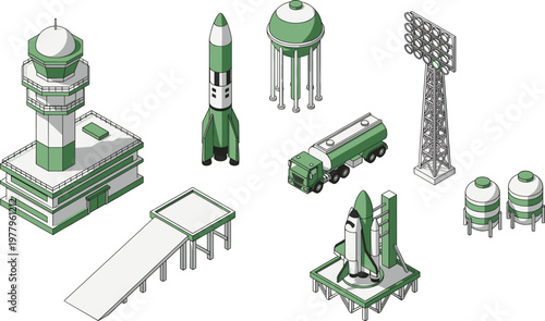 Green space rocket and industrial infrastructure illustration set, launch pad fuel tanks water tower and control systems for aerospace engineering and technology, concept