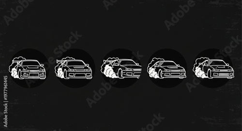Five stylized sports cars in a row on a black background.