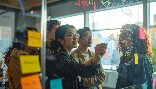 Diverse group of people brainstorming together.