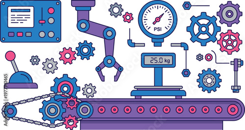 Industrial automation illustration set, robotic arm conveyor and gears with control panel and pressure gauge in factory, manufacturing concept, technology system