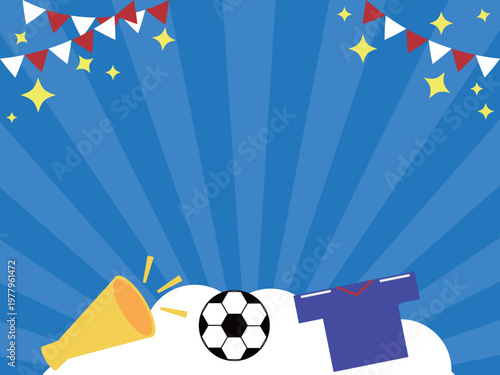 メガフォンとサッカーボールとユニフォームのアイコン付サンバースト素材