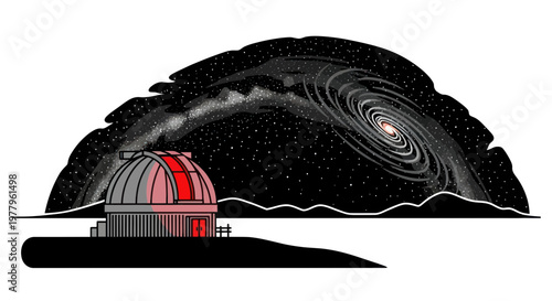 Observatory, galaxy, starry night, astronomy, dome, vector illustration, space, planet, cosmos, night sky