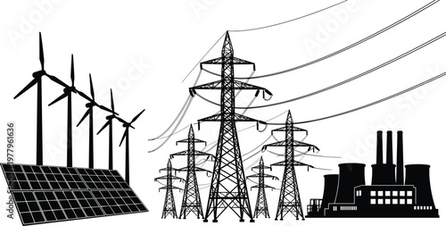 Renewable and conventional energy generation illustration with wind turbines, solar panels, power plant, transmission towers, electrical grid infrastructure vector