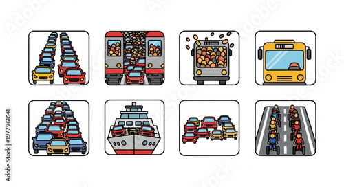 Collection of transportation icons showing traffic congestion and various vehicles.