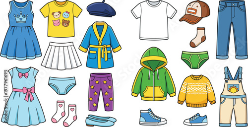 Kids clothing fashion illustration set, children outfits including dresses shirts pants shoes and accessories for casual wear and seasonal styles, apparel concept