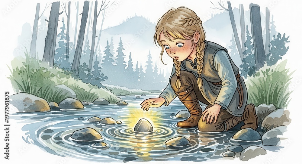 Fototapeta premium Young girl discovers a glowing stone in a serene woodland stream.