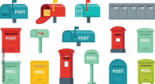 Mailbox and post box illustration set, postal service collection boxes with mail delivery icons in different styles and colors, communication concept