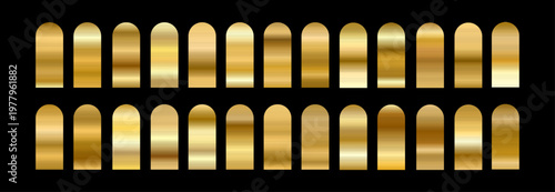 Premium metallic Gold gradient. Swatches with Foil Palette and copper satin shine. Metal degrade strip. Elegant abstract background. Vector illustration.