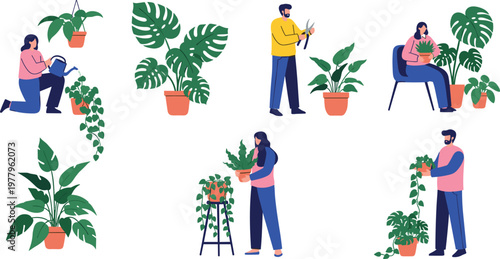 People caring for houseplants illustration set, indoor gardening activities with watering pruning and planting green plants for home decoration and lifestyle, concept