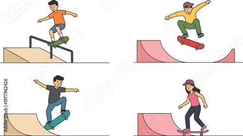 Skateboarder tricks illustration set, boys and girl performing jumps and grinds on ramps in skatepark, urban sport concept, youth lifestyle collection