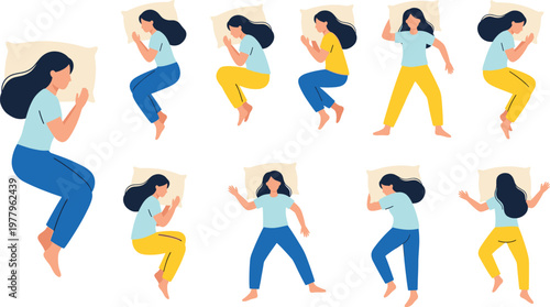 Sleeping woman different positions illustration set, female resting poses with pillow showing night sleep movement comfort and insomnia behavior, healthy lifestyle concept