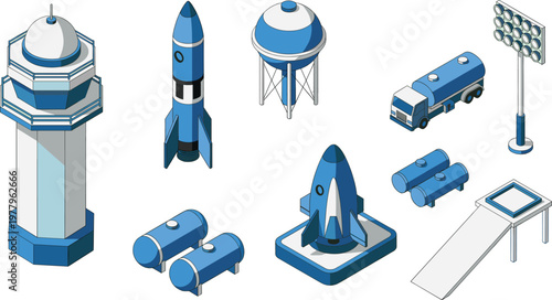 Space rocket and industrial infrastructure illustration set, launch pad fuel tanks water tower and control structures for aerospace and engineering systems, technology concept