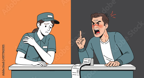 Angry customer confronts a distressed service worker over a receipt, illustrating the emotional burden and pressure of customer service interactions