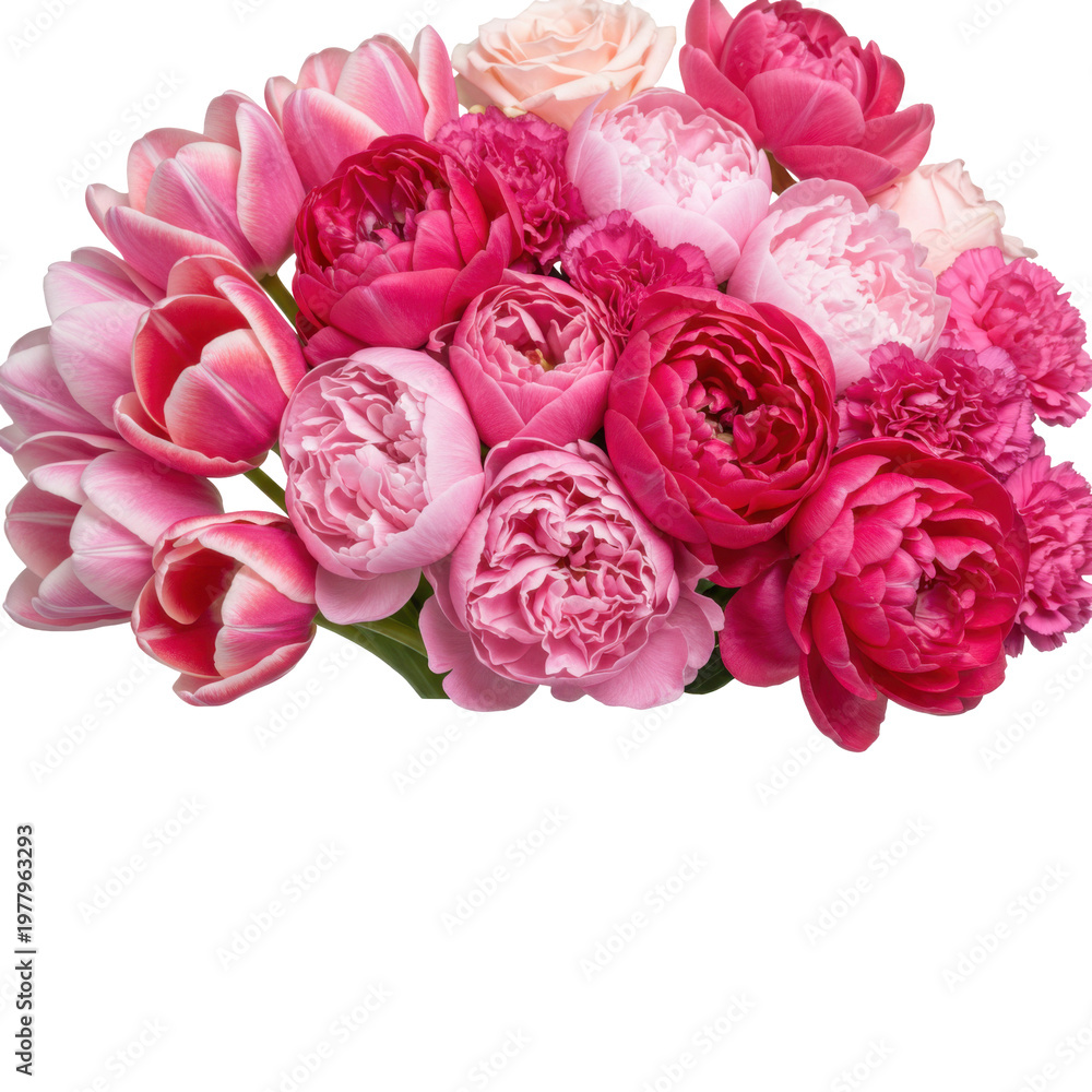 Fototapeta premium Lush floral arrangement with pink tulips, roses, peonies, and carnations in full bloom isolated on white background