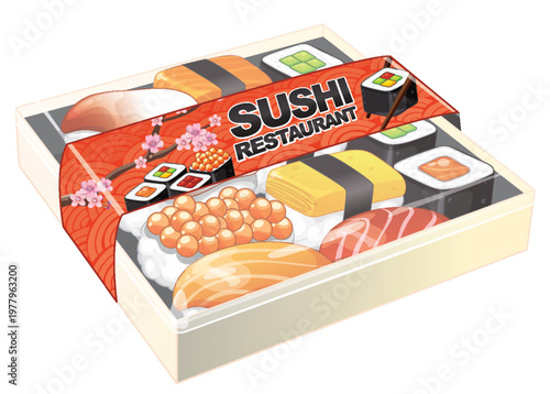 Vector Illustration of a Japanese Sushi Bento Box with Assorted Rolls