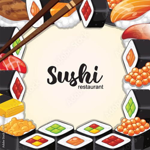 Vector Illustration of Assorted Sushi Rolls and Nigiri Frame with Chopsticks