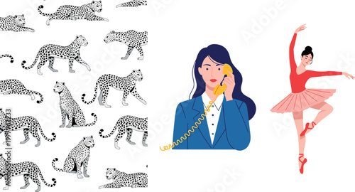 Cheetah pattern collection with business woman on phone and ballerina dancer vector illustration set isolated background